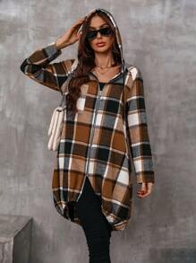 SHEIN LUNE Plaid Print Zip Up Hooded Coat - Multicolor - View 5