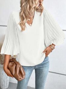 SHEIN VCAY Chất rắn Xếp li Tay áo kèn  Cổ v Áo sơ mi - trắng - Xem 4