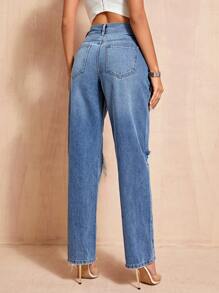 SHEIN BAE 高腰破洞直筒牛仔褲 - 深色水洗藍 - 查看 2