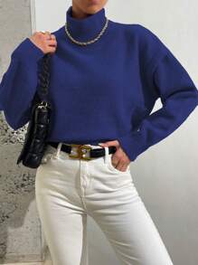SHEIN Essnce Cổ cao Thả vai Áo len - Xanh đậm - Xem 4