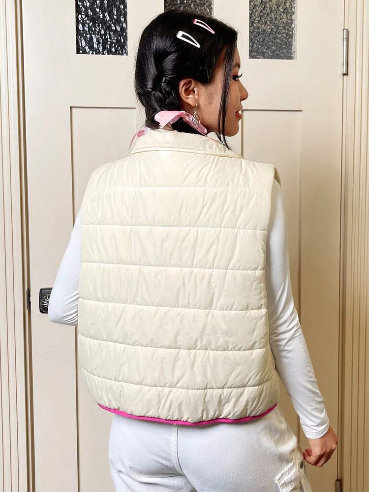 Letter Patched Detail Contrast Binding Zipper Vest Padded Coat