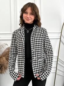 RueChic Tween Girl Houndstooth Print Single Breasted Coat - Black and White - View 5