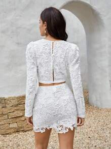 SHEIN VCAY Solid Crop Lace Top & Skirt - White - View 3