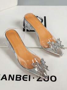 Butterfly & Rhinestone Decorated Women's High Heels With Transparent Strap And Crystal Heel, Female Fashion High-heel Shoes For Holiday - Silver - View 5