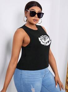 Maweii Plus Floral Pattern Knit Top - Black and White - View 3