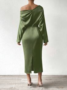 Chiquease 素色不對稱領蝙蝠袖洋裝 - 薄荷綠 - 查看 2