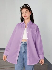 青少年女孩落肩袖口袋貼布襯衫