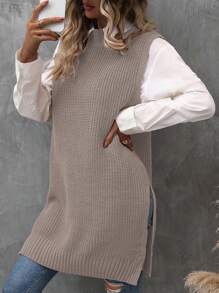 EMERY ROSE 1pc Split Hem Sweater Vest - Khaki - View 3