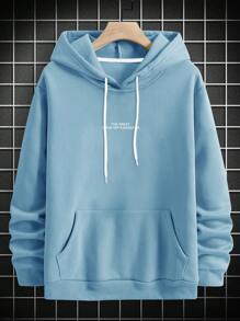 Manfinity 鬆身男士浪花及口號圖形印花帽t,帶束口及袋鼠口袋 - 淺藍色 - 查看 2