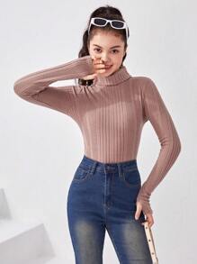 少女針織高領毛茸茸窩紋紋路長袖拇指孔t恤 - 藕粉色 - 查看 1