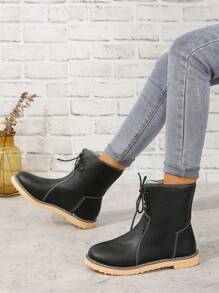 女士黑色时尚大码系带保暖保暖内衬靴 - 黑色 - 查看 3