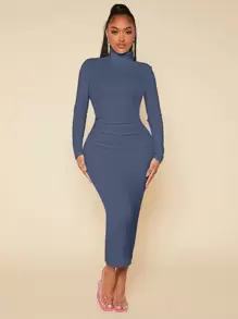 SHEIN SXY Solid Mock Neck Bodycon Dress - Navy Blue - View 1