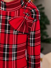SHEIN Cô gái Tween 1 Miếng In kẻ sọc Nơ mặt trước tay áo lá sen Đầm Đối với Giáng sinh - Đỏ - Xem 4