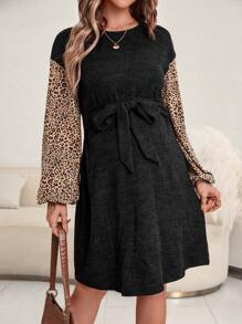 SHEIN Maternity Leopard Print Lantern Sleeve Belted Dress - Black - View 1