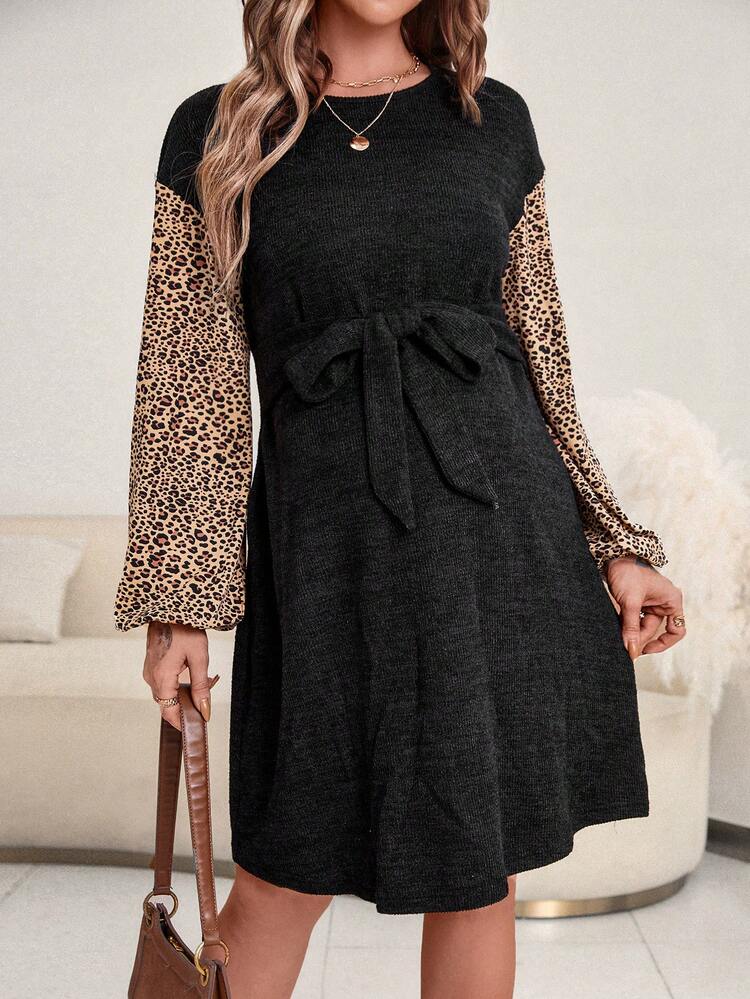 Maternity Leopard Print Lantern Sleeve Belted Dress