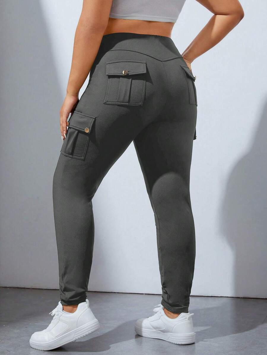 SHEIN EZwear Plus Flap Pocket Side Leggings - Dark Grey - View 1
