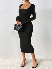 SHEIN Unity Sweetheart Neck Ribbed Knit Sweater Dress Fall Winter Cloth For Women - Black - View 3