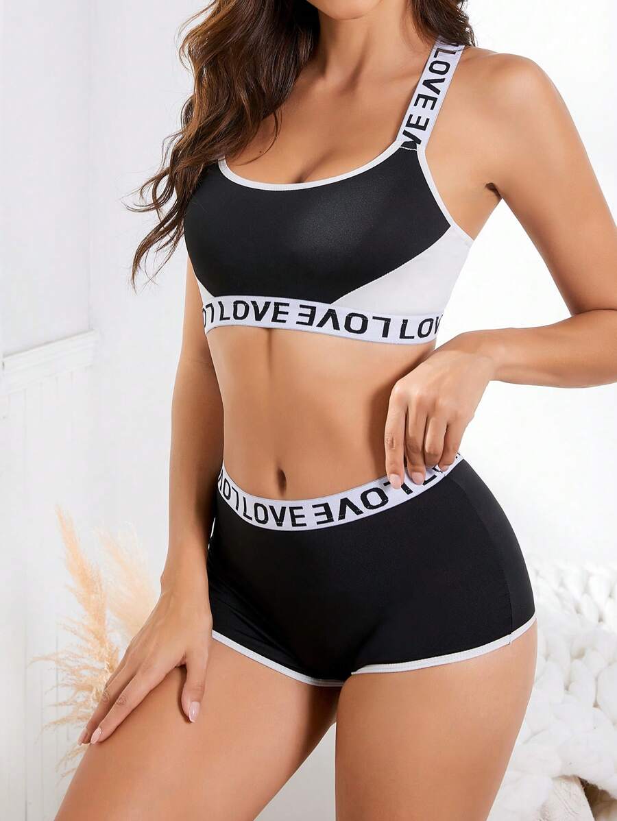 字母膠帶拼接文胸 - 黑色 - 查看 1