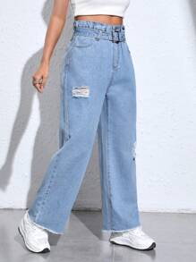 SHEIN EZwear 紙袋腰破洞毛邊腰帶直筒牛仔褲 - 中等水洗藍 - 查看 3