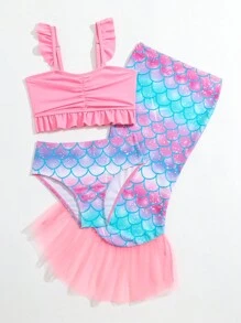 SHEIN Young Girl Fish Scales Print Ruffle Trim Bikini Set With Beach Skirt Summer Beach - Pink - View 5