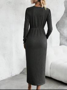 SHEIN Clasi Twist Front Ribbed Knit Dress - Black - View 2