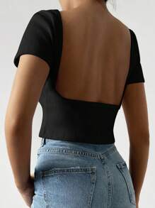 RueChic Chất rắn Không lưng Áo phông Crop - màu đen - Xem 1