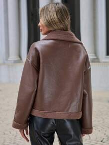 EURMUSE Drop Shoulder Zip Up PU Leather Jacket - Chocolate Brown - View 2