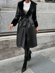 EURMUSE Borg Collar Belted PU Leather Coat - Black - View 6