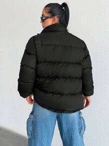 EURMUSE Zip Up Snap Button Puffer Coat - Black - View 2