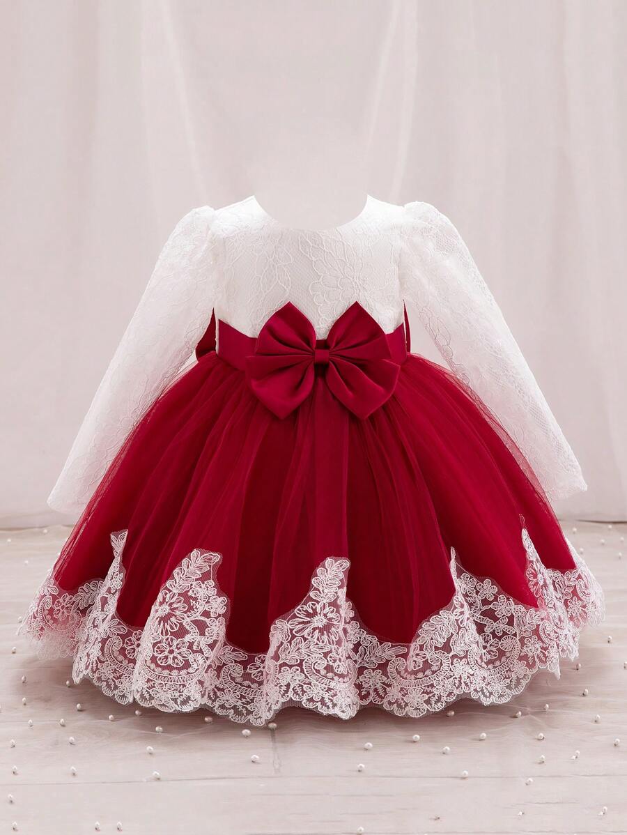 SHEIN Glamorique Kids Baby Girl Two Tone Contrast Lace Bow Front Mesh Hem Party Dress