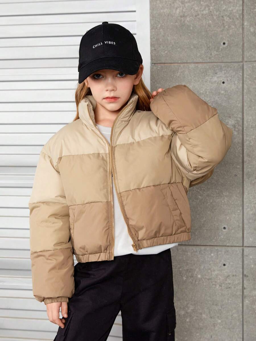 SHEIN 女孩鬆身外套,帶立領和拼色設計 - 彩色 - 查看 1