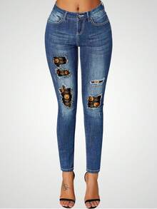 Ripped Skinny Jeans - Blue - View 1