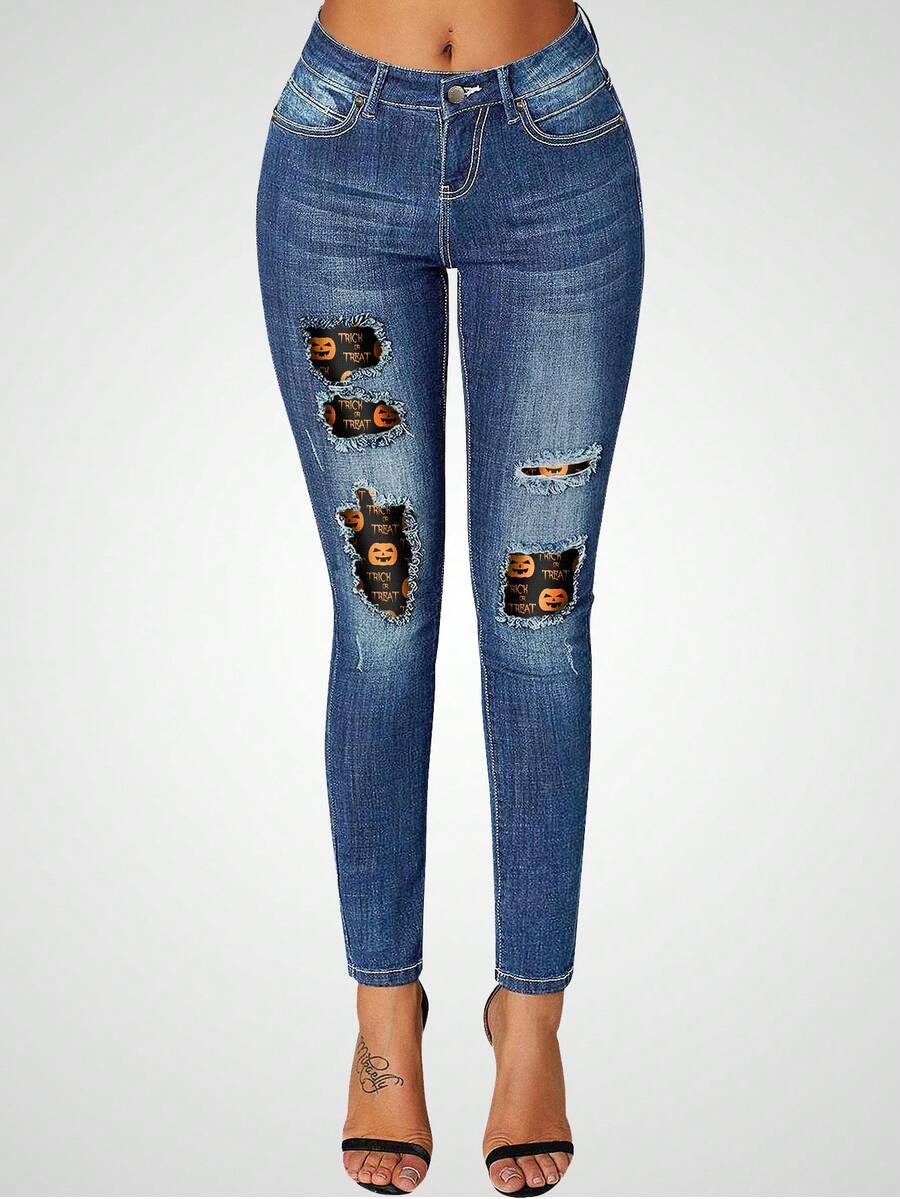 Ripped Skinny Jeans - Blue - View 1