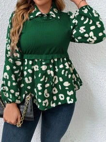 Franclia Plus Leopard Print Lantern Sleeve Peplum Top - Dark Green - View 5