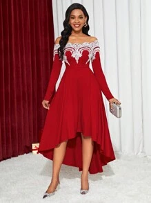 SHEIN Lady Off Shoulder Lace Appliques High Low Hem Dress - Red and White - View 6
