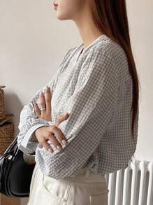 DAZY Plaid Print Button Front Shirt,Long Sleeve Tops - Green - View 2