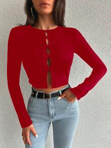 EURMUSE Cut Out Front Crop Tee - Red - View 5