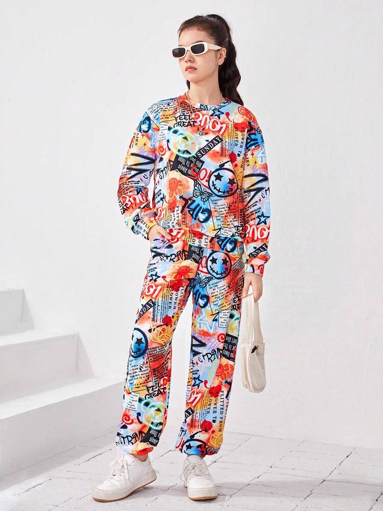 Teen Girl Graffiti Print Drop Shoulder Pullover & Sweatpants