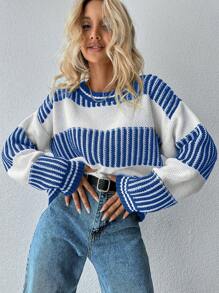 EURMUSE 條紋圖案落肩袖套頭毛衣