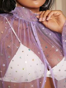 SHEIN SXY 亮片裝飾燈籠袖透視網紗襯衫不附胸罩 - 紫色 - 查看 3