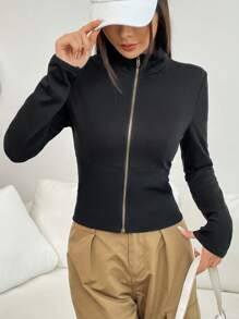 SHEIN EZwear 拉鏈開襟素色運動衫 - 黑色 - 查看 1