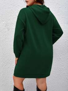 SHEIN LUNE Plus Size Kangaroo Pocket Drop Shoulder Drawstring Sweatshirt Dress - Dark Green - View 2