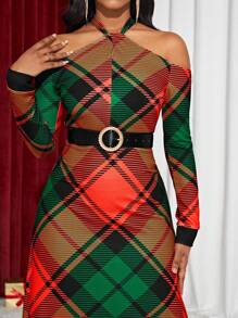 SHEIN Lady 格纹印花交叉挂脖连衣裙 - 彩色 - 查看 4