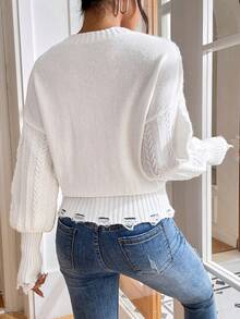 SHEIN Essnce Jersey tejido de cable de hombros caídos - Blanco - Ver 2