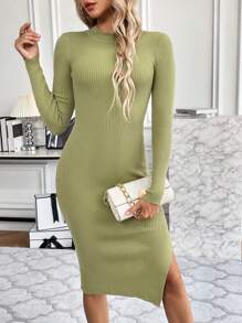SHEIN Clasi Vestido de punto de muslo con abertura tejido de canalé - Verde - Ver 1