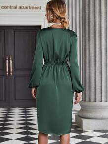 SHEIN Clasi Lantern Sleeve Wrap Hem Satin Dress Maxi Women Outfit Fall Cloth For Women - Dark Green - View 2