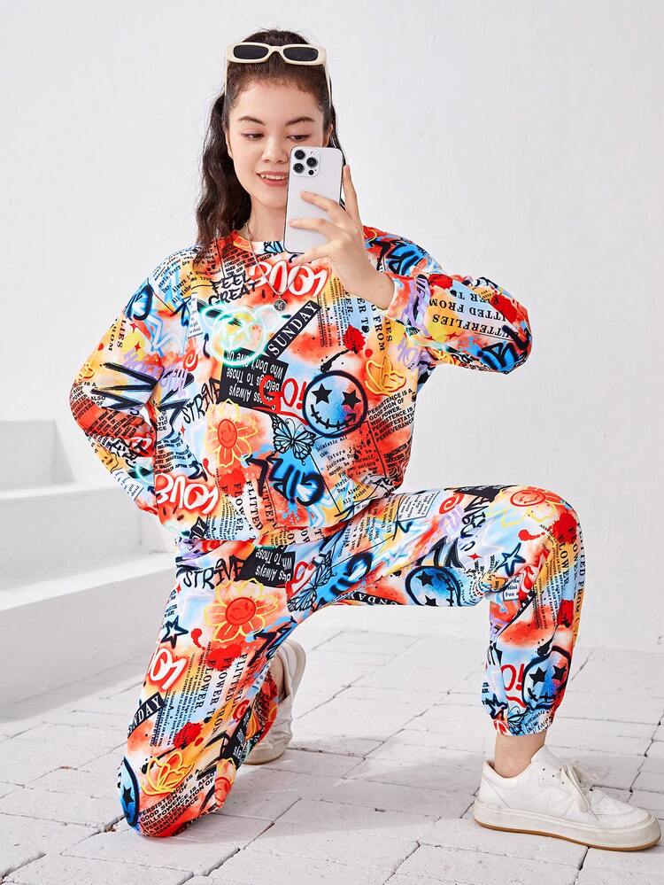 Teen Girl Graffiti Print Drop Shoulder Pullover & Sweatpants