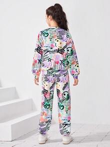Teen Girl Graffiti Print Pullover & Sweatpants - Mauve Purple - View 2