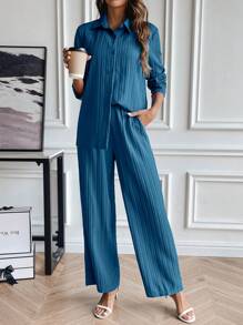 SHEIN Essnce 素色前紐扣襯衫&闊腿褲 - 水鴨藍 - 查看 1
