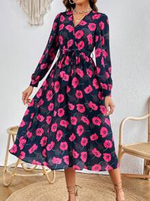 SHEIN VCAY Allover Floral Print Belted Dress - Multicolor - View 1